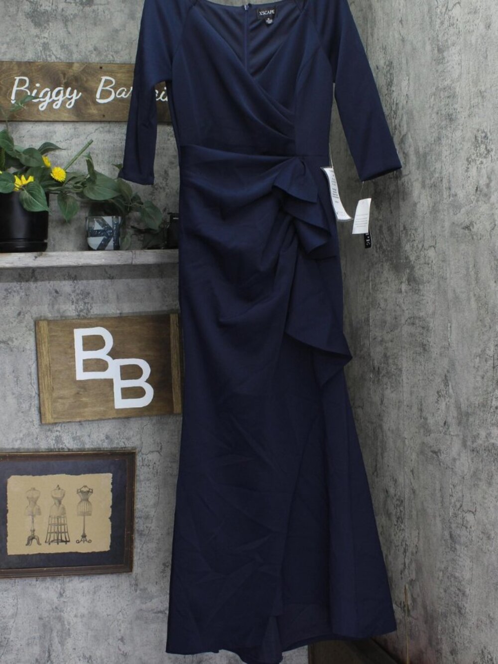 Xscape Blue 3 4 Sleeve V Neck Side Ruched Pleated Ruffled Gown Dress